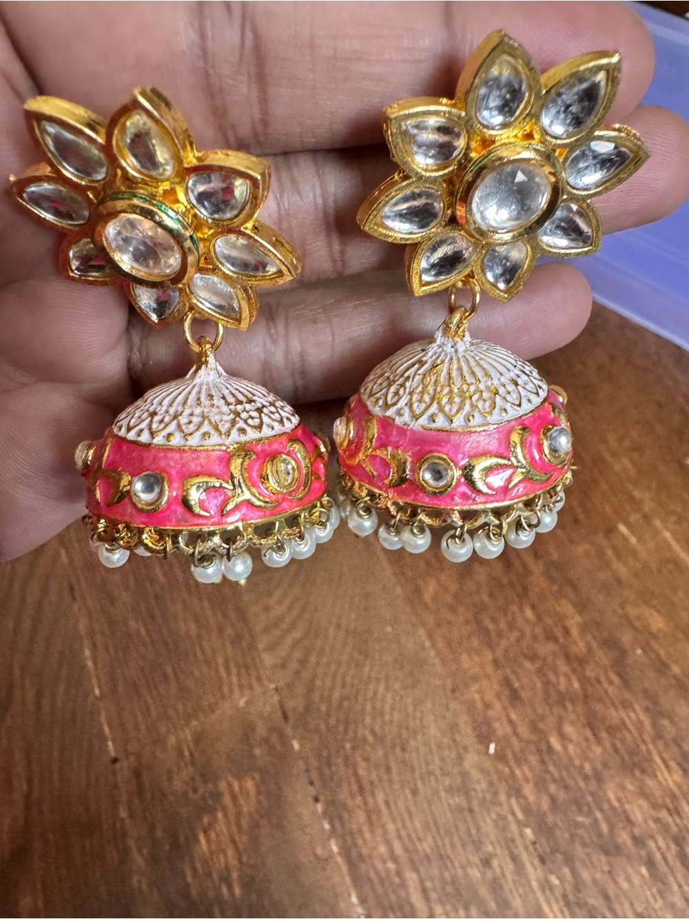 Gold and Pink Kundan Jhumka Earrings - Women's Jewelry